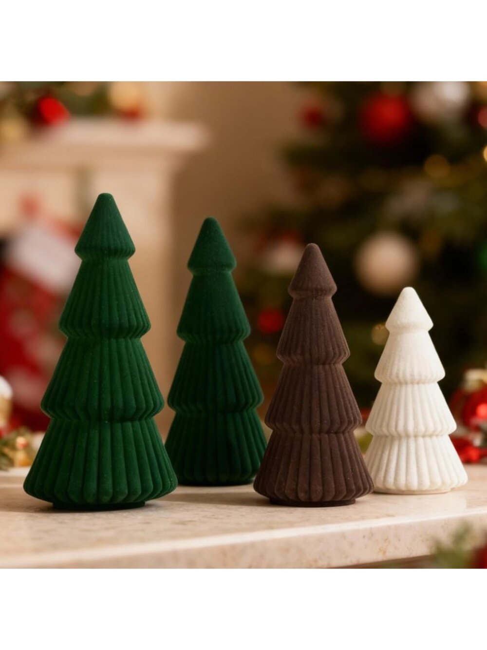 🎄4Pcs 6" 8" 10"Beige Brown-Christmas Velvet Tree Figurine Decoration Tree Set
